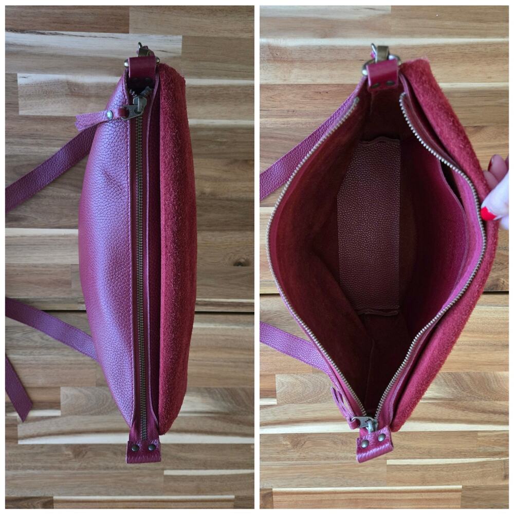 11600 Leather Goods Pebbled Crossbody Bag Burgundy Maroon Handcrafted In Spain - Picture 7 of 14